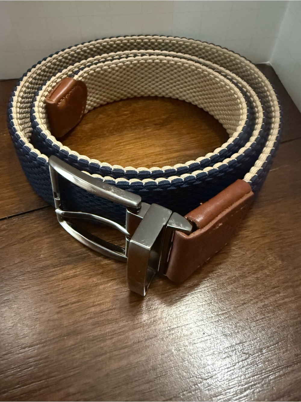 Tommy Bahama  Belt Mens L XL 38- 42 Leather Trim Reversible Stretch Blue Beige